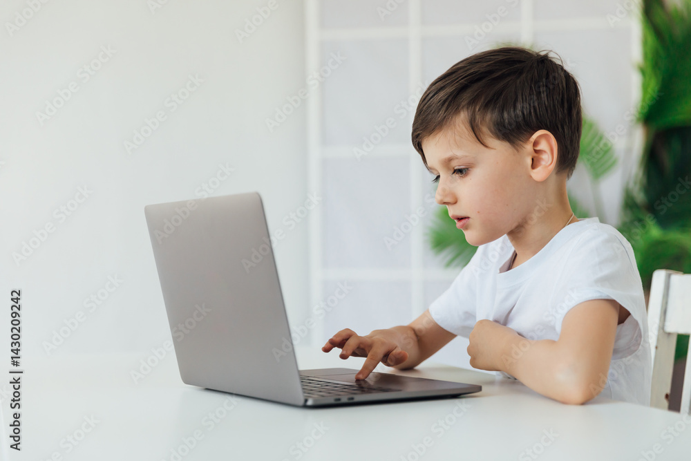 Boy doing homework at desk with laptop Boy doing homework at desk with laptop