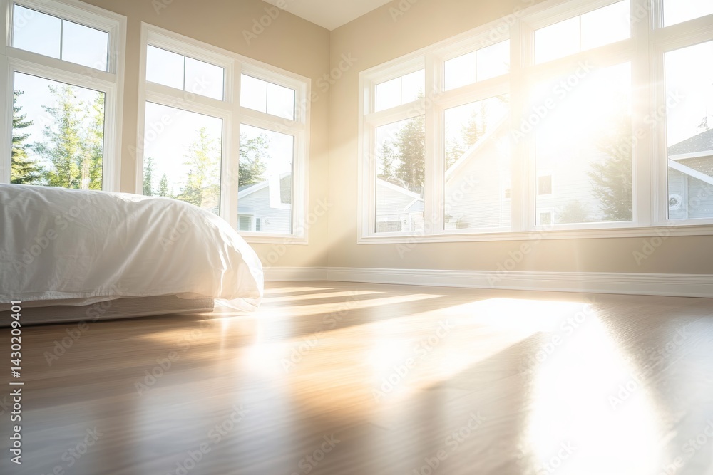 Fototapeta premium Bright sunlight filters into a contemporary bedroom with a single bed dressed in white linens, creating a serene atmosphere with minimal decor