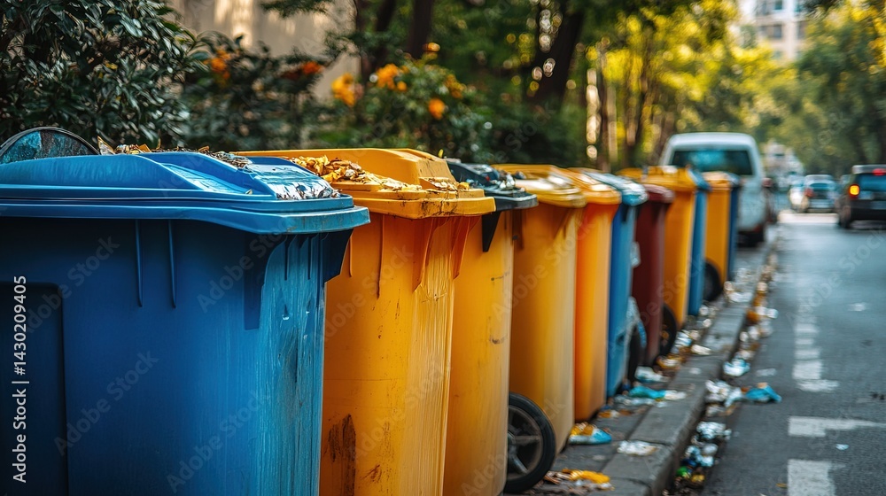 Fototapeta premium Colorful Garbage Bins in City Setting