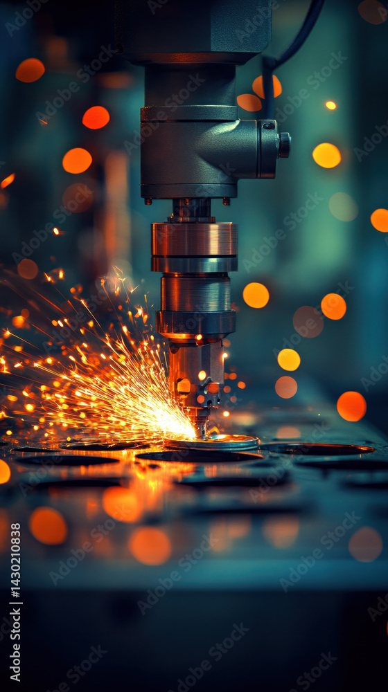 A machine is cutting through metal with sparks flying. Concept of power and energy, as well as the potential danger of working with such equipment A machine is cutting through metal with sparks flying. Concept of power and energy, as well as the potential danger of working with such equipment