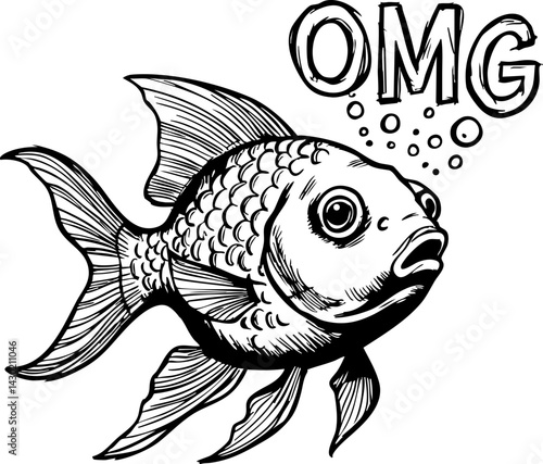 Goldfish reacts to surprising sound underwater environment illustration humorous concept