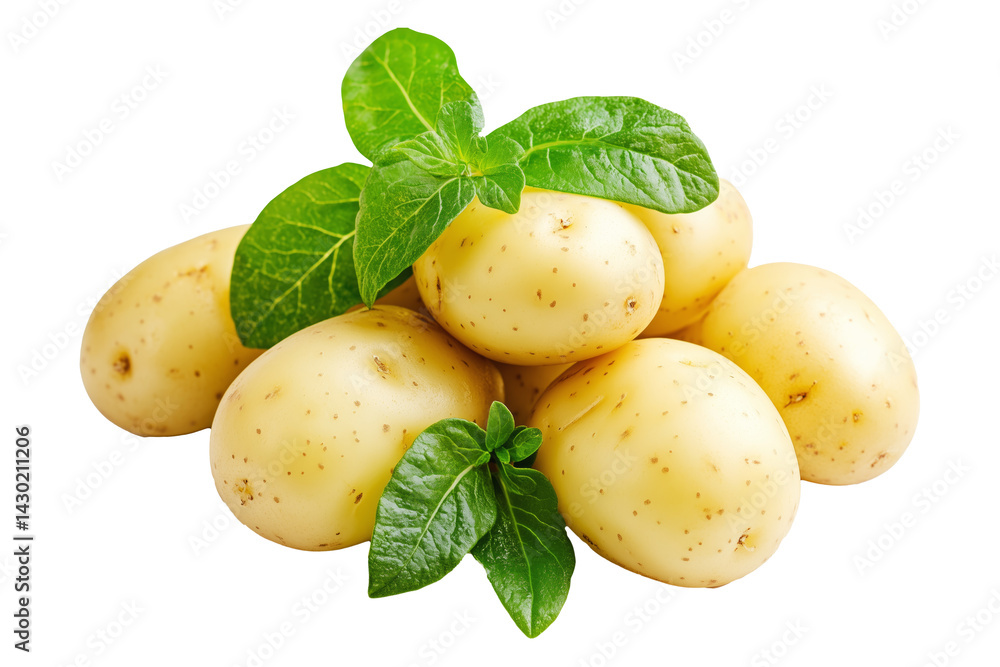 Fresh potatoes with green leaves isolated on white transparent background. Concept of healthy food. Fresh potatoes with green leaves isolated on white transparent background. Concept of healthy food.
