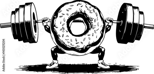 Weightlifting donut champion in gym fitness challenge humorous artwork dynamic environment creative perspective