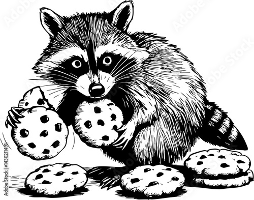 Raccoon stealing cookies kitchen illustration indoor close-up mischief