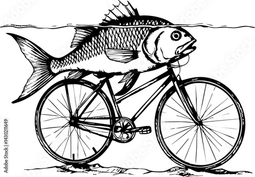 Bizarre scene fish riding bicycle in artistic illustration creative environment whimsical perspective unique concept