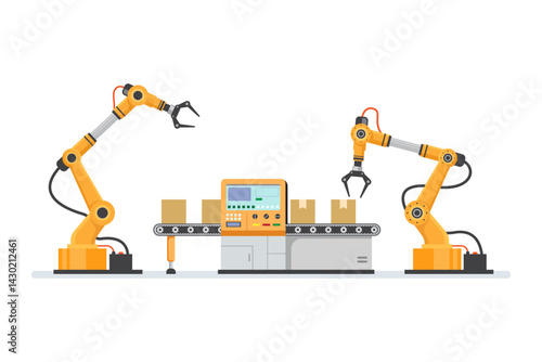 vector Illustration of mechanical robotic arms working on a conveyor system in an industrial environment, showcasing modern automation technologies.