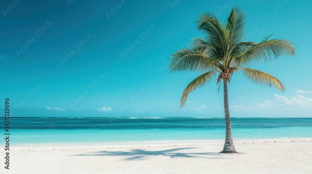 A serene beach scene featuring a palm tree against a turquoise ocean and clear sky. A serene beach scene featuring a palm tree against a turquoise ocean and clear sky.
