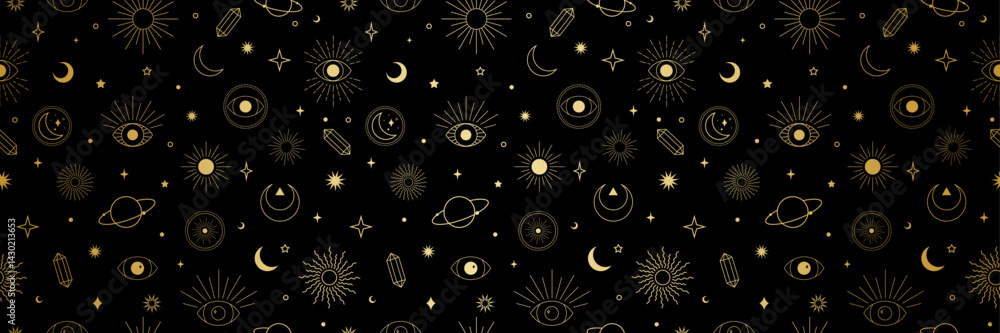 Black and gold gradient metallic celestial retro astrology vector pattern print banner, wide magical background print design