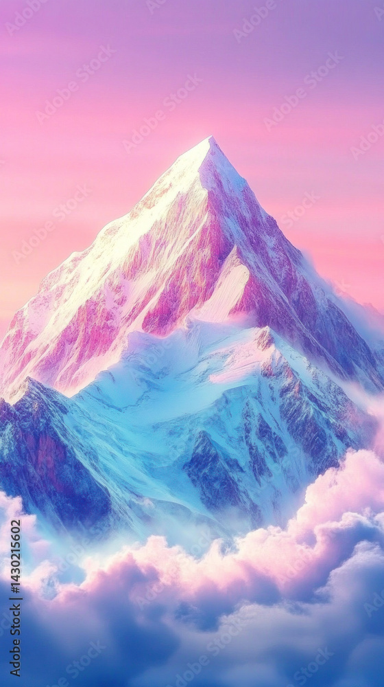 Obraz premium A mountain with a pink sky in the background. The mountain is covered in snow and the sky is a mix of pink and blue. Concept of serenity and tranquility, as the mountain stands tall