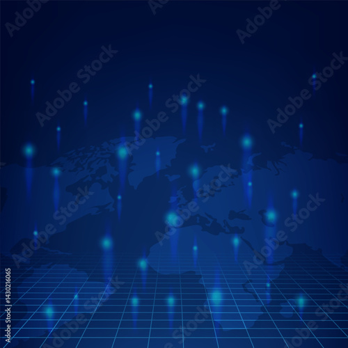 Futuristic digital world map with glowing data points and grid lines. Ideal for tech, network, or global business themes.