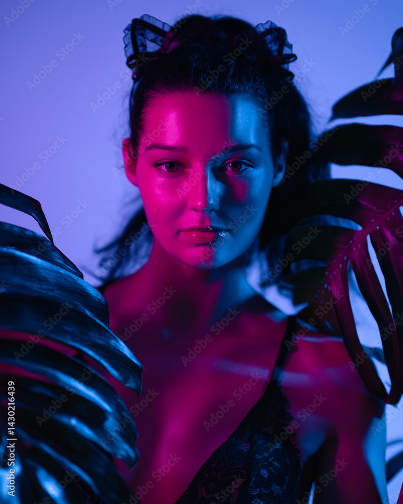 A close-up portrait of a seductive woman wearing black lace lingerie and cat ears, framed by tropical leaves under vibrant neon lighting. Perfect for fashion, beauty, and exotic lifestyle concepts.