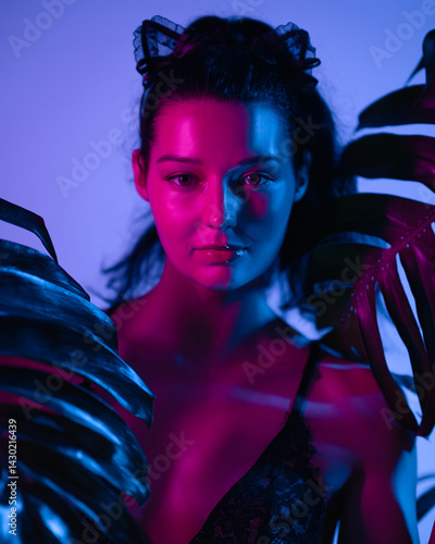 A close-up portrait of a seductive woman wearing black lace lingerie and cat ears, framed by tropical leaves under vibrant neon lighting. Perfect for fashion, beauty, and exotic lifestyle concepts.
