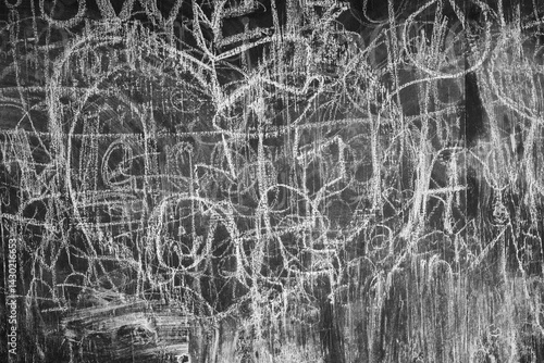 scribbles and shapes on chalkboard made by kids with white chalk at school chaotic lines letters and heart shape  drawn on a blackboard   horizontal image room for type educational or kids background 