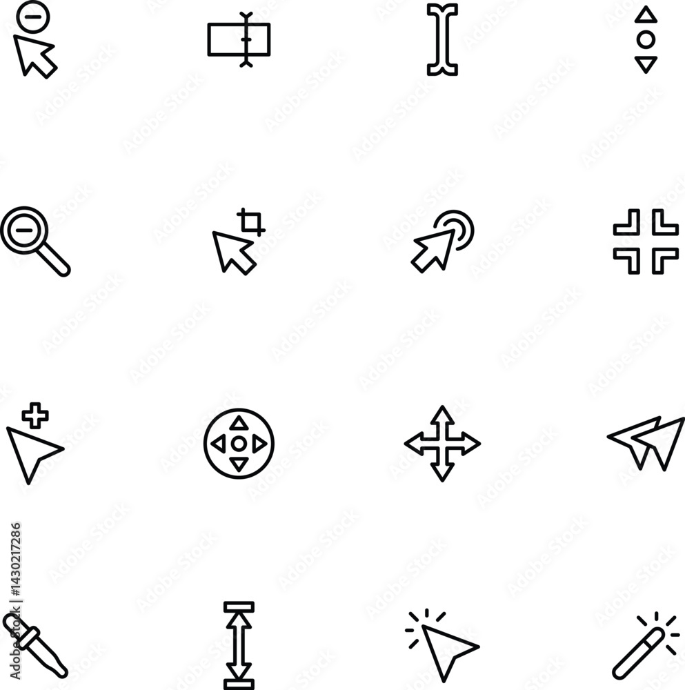 Fototapeta premium Pointer click icon. Clicking cursor, pointing hand clicks and waiting loading icons. Website arrows or hands cursors tools, computer interface button. Vector isolated symbols collection