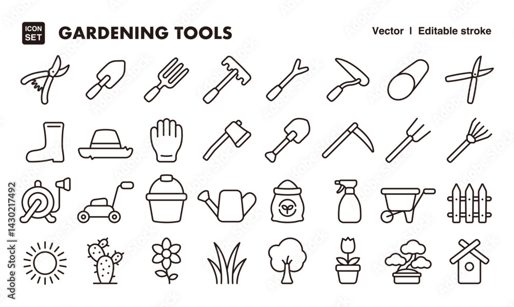 Gardening tool line icon set. Vector editable stroke icon. Gardening tool line icon set. Vector editable stroke icon.