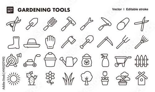 Gardening tool line icon set. Vector editable stroke icon.