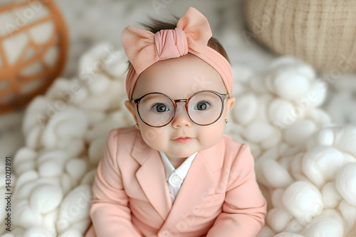 A baby with glasses and pink bow tie posed in front of a white fluffy background