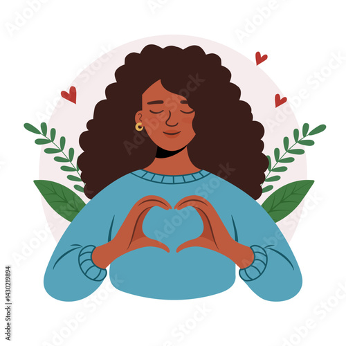 Colorful flat vector illustration of an African American woman forming a heart with her hands. A concept of self-love, body positivity, inner peace, care, and empowerment. Suitable for International
