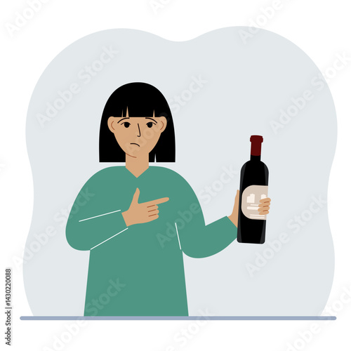 A woman holds a bottle of alcohol or wine in his hand. Sad woman suffering from severe alcohol addiction. Alcoholism abuse concept. Vector flat illustration