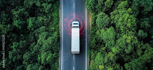 The forefront of autonomous transport is represented by a white semi-truck navigating a highway with ease, as it is enveloped by a futuristic red digital display that embodies the latest advancements