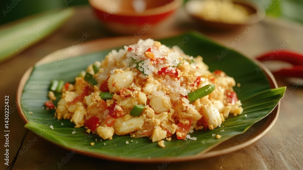 Beautifully plated som tam with salted crab on banana leaf background Beautifully plated som tam with salted crab on banana leaf background