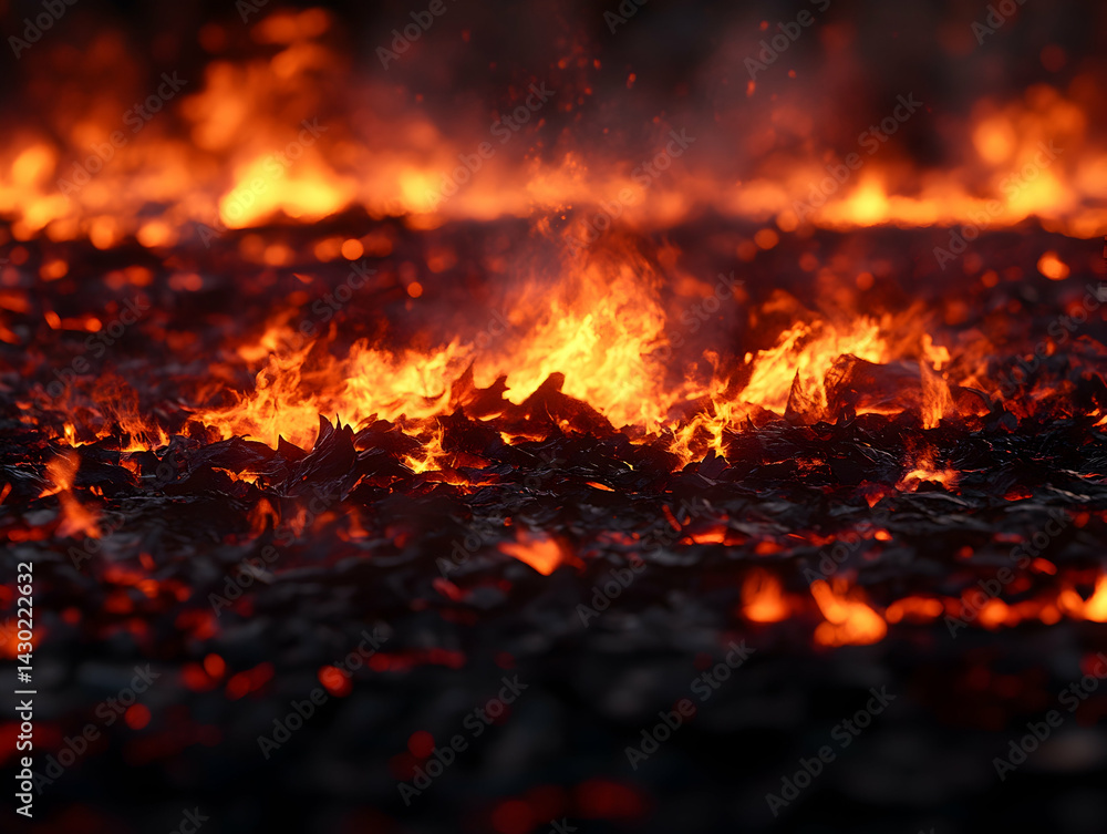 Fiery landscape with hot glowing lava and smoke rising from the cracks on the ground Fiery landscape with hot glowing lava and smoke rising from the cracks on the ground