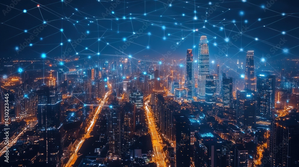 Fototapeta premium Digital City Network at Night