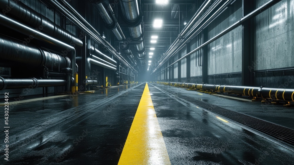 Fototapeta premium Empty roads within heavy industry complex surrounded by pipelines