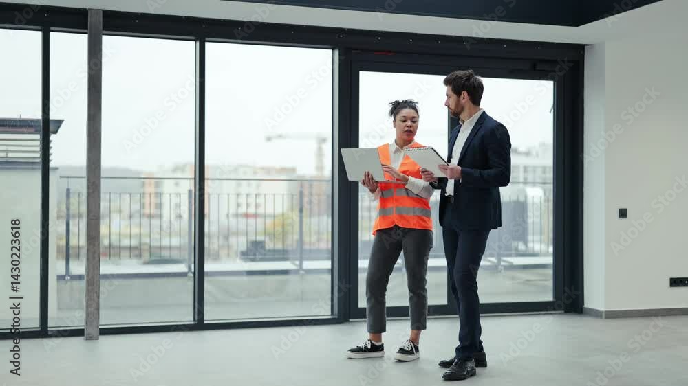 Professional architect and investor discuss blueprints in modern office space. They feel focused and determined during business meeting. Professional architect and investor discuss blueprints in modern office space. They feel focused and determined during business meeting.