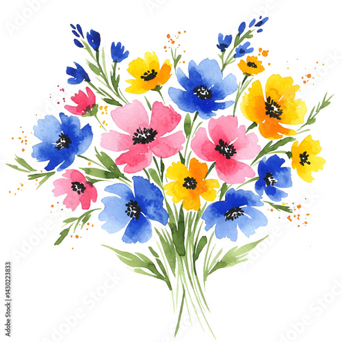 Vibrant Watercolor Bouquet: A colorful array of hand-painted flowers blossoms, showcasing a spectrum of hues in an artistic presentation, perfect for adding a touch of floral beauty.