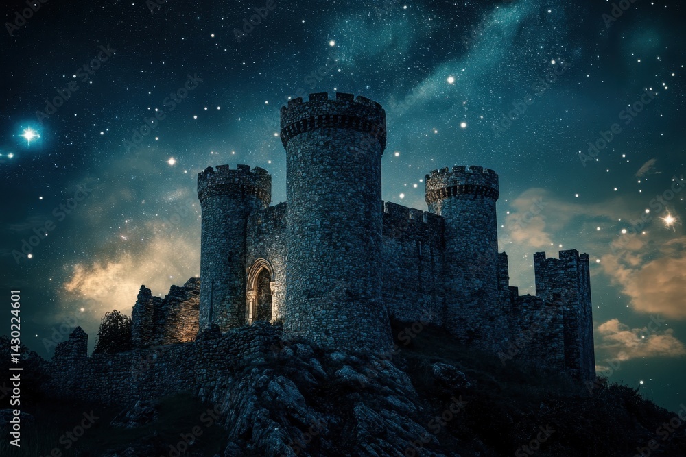 Fototapeta premium Majestic medieval castle illuminated under a starry night sky in a tranquil setting