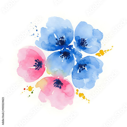 Blooming Watercolor Floral Display: An artistic presentation featuring vibrant blue and pink watercolor flowers arranged in a captivating, aesthetic display