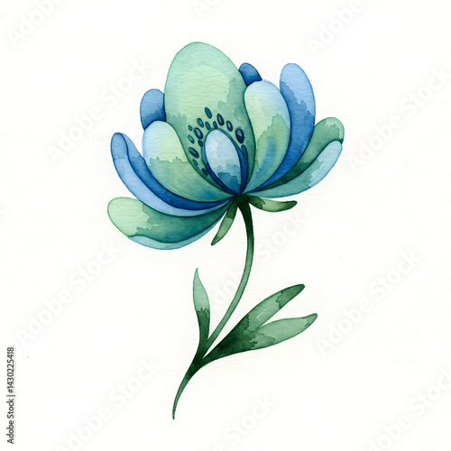 Botanical Fantasy: An elegant watercolor painting of a vibrant blue and green flower, radiating serenity and beauty, delicately rendered in a modern, artistic style. 