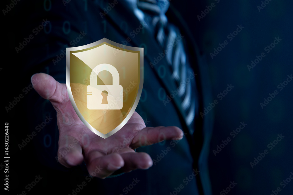 Cybersecurity and privacy concepts to protect data. Businessman showing padlock guard on computer virtual screen. cyber crime, hacker, database. privacy concept.