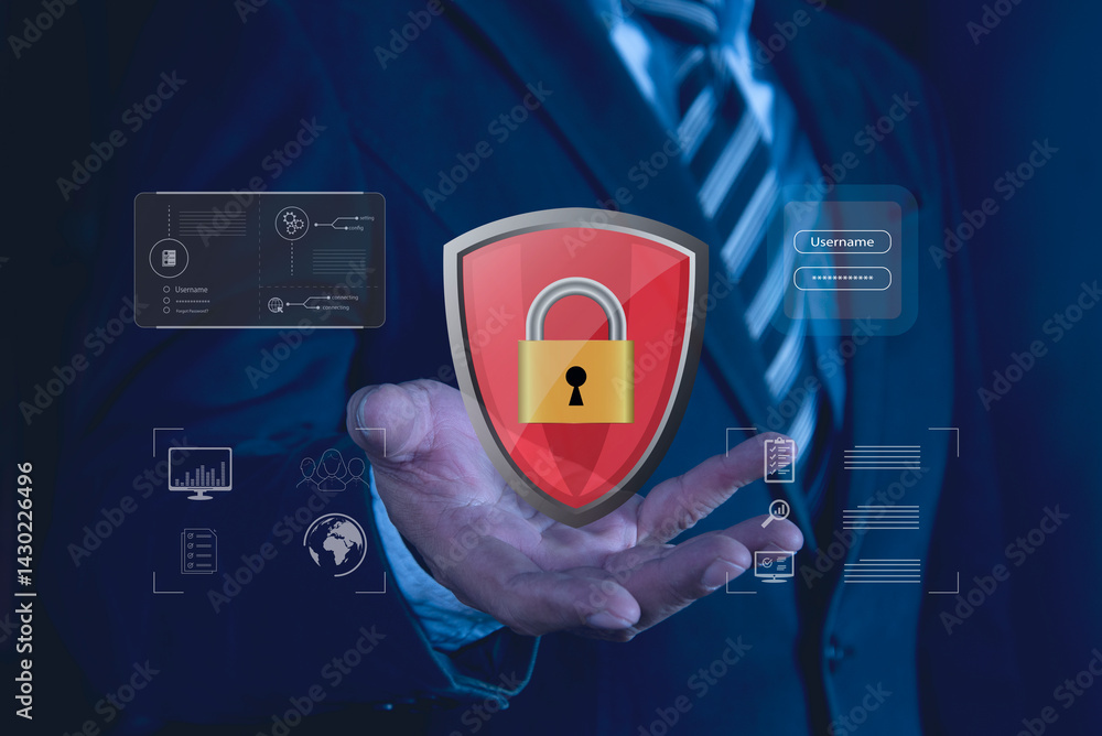 Cybersecurity and privacy concepts to protect data. Business man shows how to protect cyber technology network on computer virtual screen.