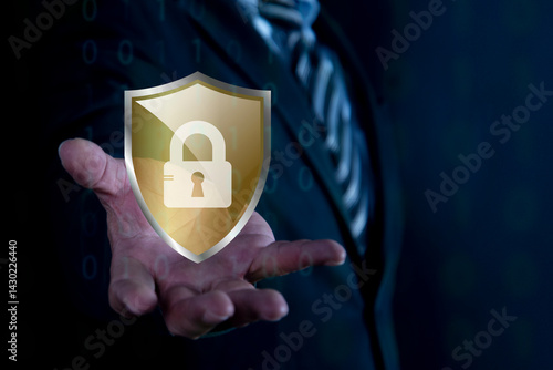 Obraz na płótnie Cybersecurity and privacy concepts to protect data. Businessman showing padlock guard on computer virtual screen. cyber crime, hacker, database. privacy concept. w salonie
