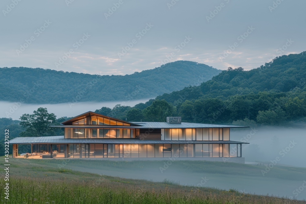 Naklejka premium Modern house nestled in misty mountains at dawn.