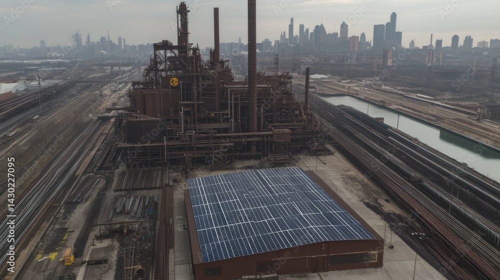 Fototapeta premium Solar panels installed next to steel plant as renewable integration