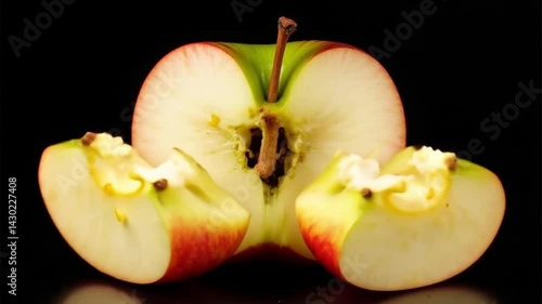 A perfectly halved red apple reveals its juicy flesh and seeds against a black background a vibrant fruit image