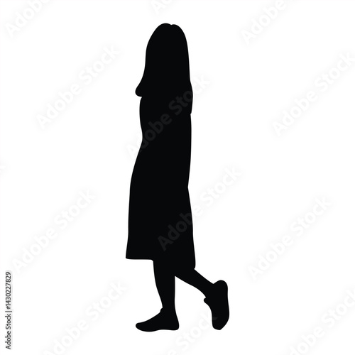 Silhouette of Girl in Dress and Sneakers Standing Softly, Black Silhouette of Casual Female Pose on Pink