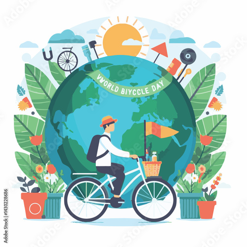 bicycle, background, world, design, transport, day, environment, illustration, sport, earth, green, vehicle, world bicycle day, poster, nature, cycle, ride, ecology, concept, banner, travel, globe, ve