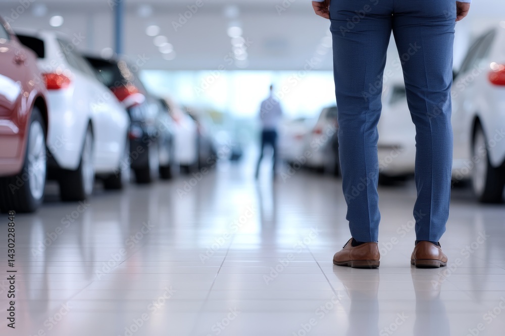 A customer inspects a pre-owned car in a dealership showroom filled with bright ambient lighting, highlighting the available vehicles and creating an inviting atmosphere A customer inspects a pre-owned car in a dealership showroom filled with bright ambient lighting, highlighting the available vehicles and creating an inviting atmosphere