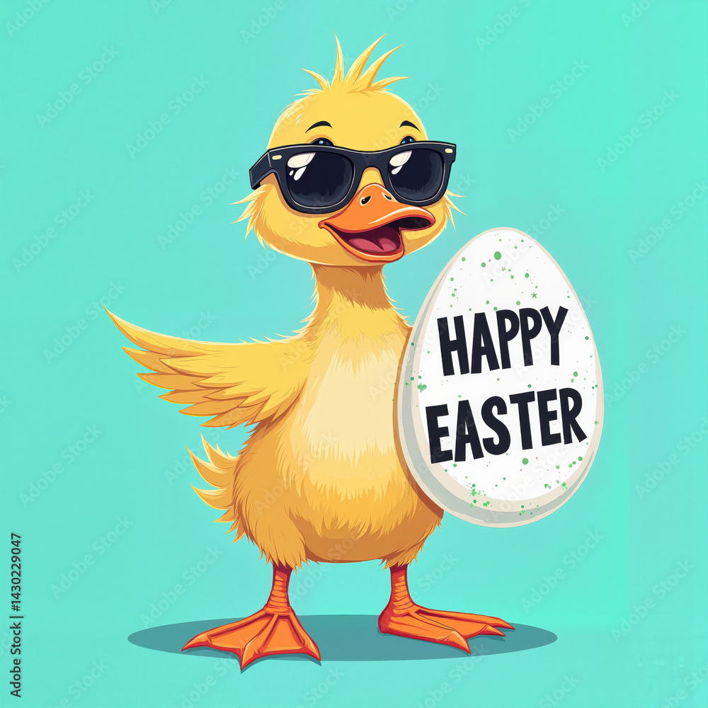 Naklejka premium Cheerful Cartoon Duckling with Sunglasses Holding Festive Easter Egg Against Teal Background