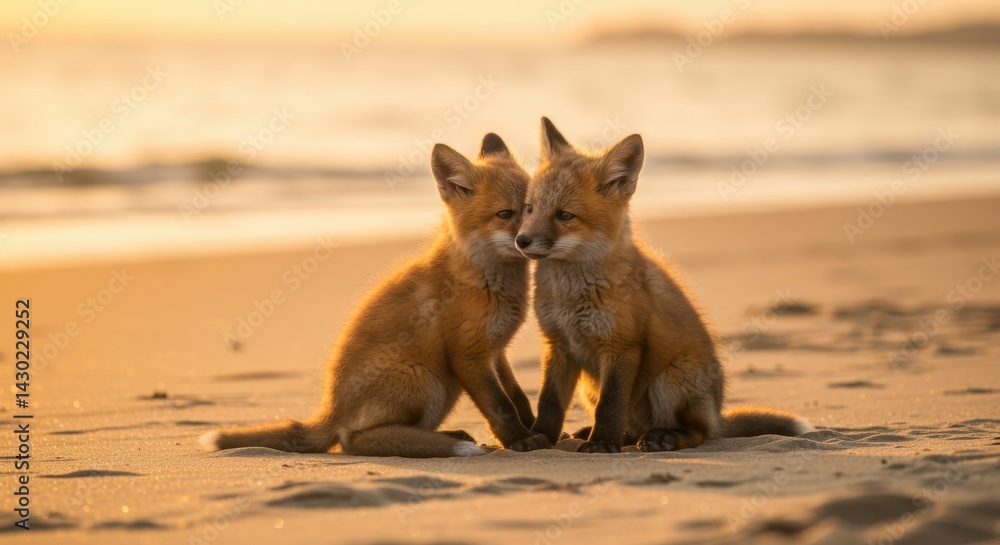 Naklejka premium Two fox cubs sitting closely together on a beach at golden hour, gazing calmly ahead.