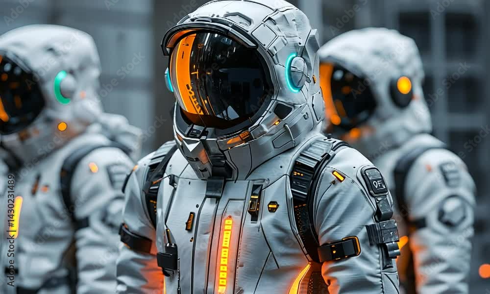 Astronauts in futuristic suits prepare for a mission in a high-tech space station environment Astronauts in futuristic suits prepare for a mission in a high-tech space station environment