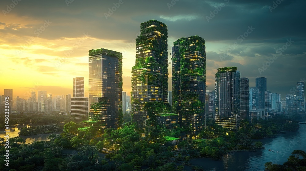 Obraz premium Eco-Friendly Cityscape at Sunset