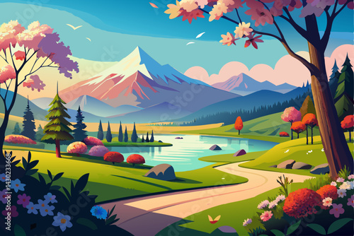 Serene Mountain Lake Landscape with Blooming Flowers