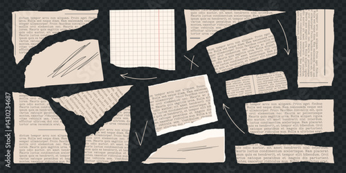 Rip torn paper collection. Trendy retro vintage newspaper cut set, notebook sheet, y2k elements for collage, sticker, grunge texture, poster, business. Old gazettes piece. Isolated Vector illustration