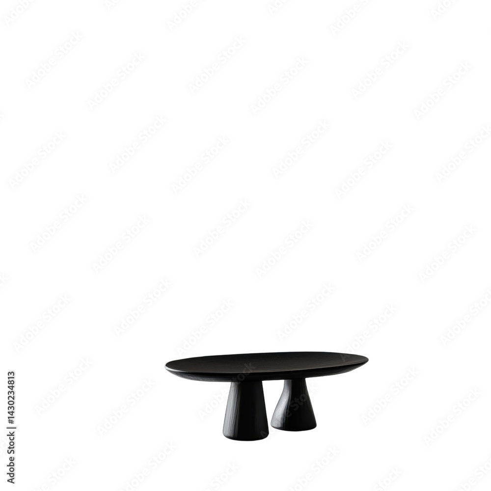 Elegant dark gray oval coffee table with unique double pedestal base subtly textured surface isolated on black background A minimalist on transparent background Elegant dark gray oval coffee table with unique double pedestal base subtly textured surface isolated on black background A minimalist on transparent background