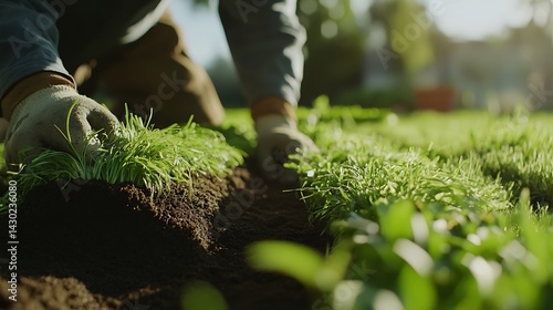 Gardener Planting Grass in a Garden